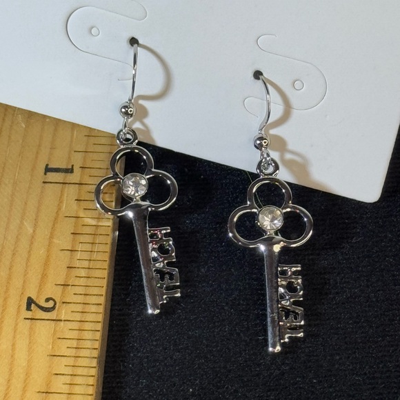 Silver Tone Dangling Key Earring  “Teach” - Picture 4 of 4
